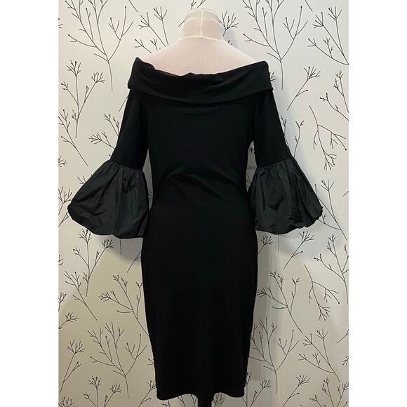 STUNNING JOSEPH RIBKOFF Black Off Shoulder Balloon Sleeve LBD Dress Sz 6 Evening - Picture 5 of 7